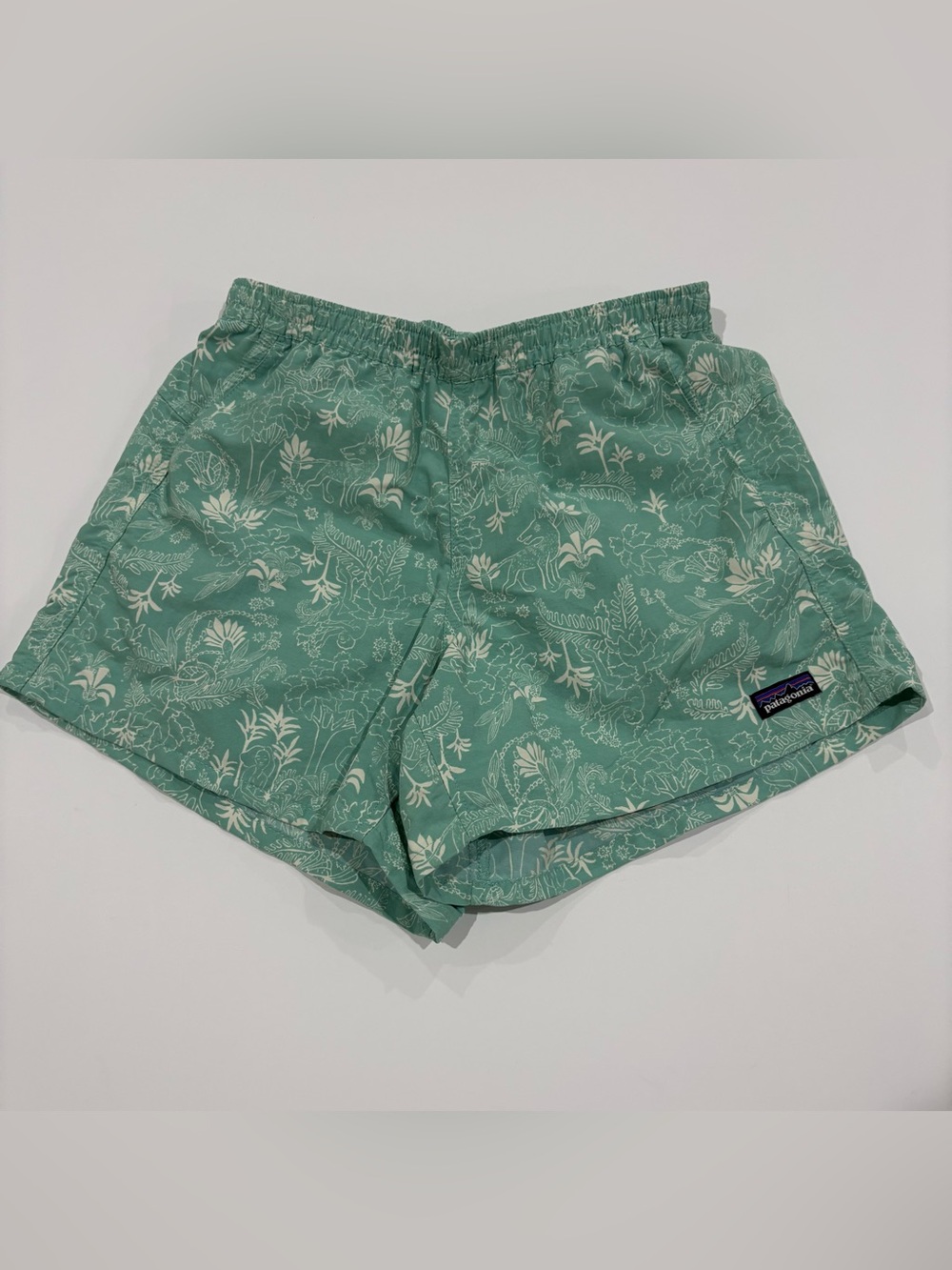 Patagonia Womens XS Baggies Shorts Green Tropical Print Hiking Outdoor